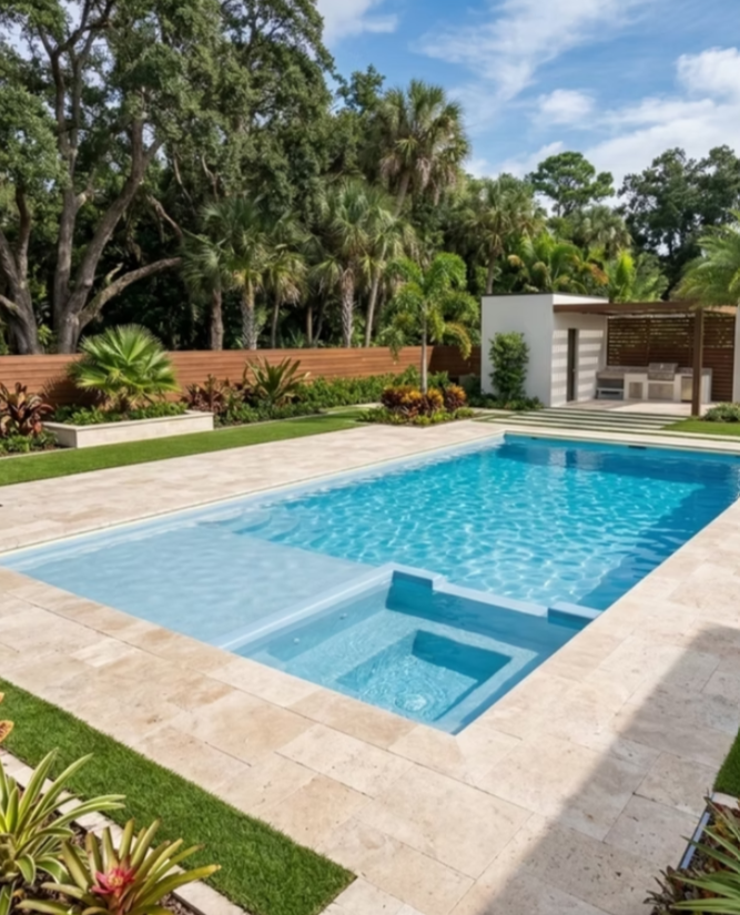 Crescent — 30ft × 15ft signature pool with integrated spa, swim lane, ledge and bench